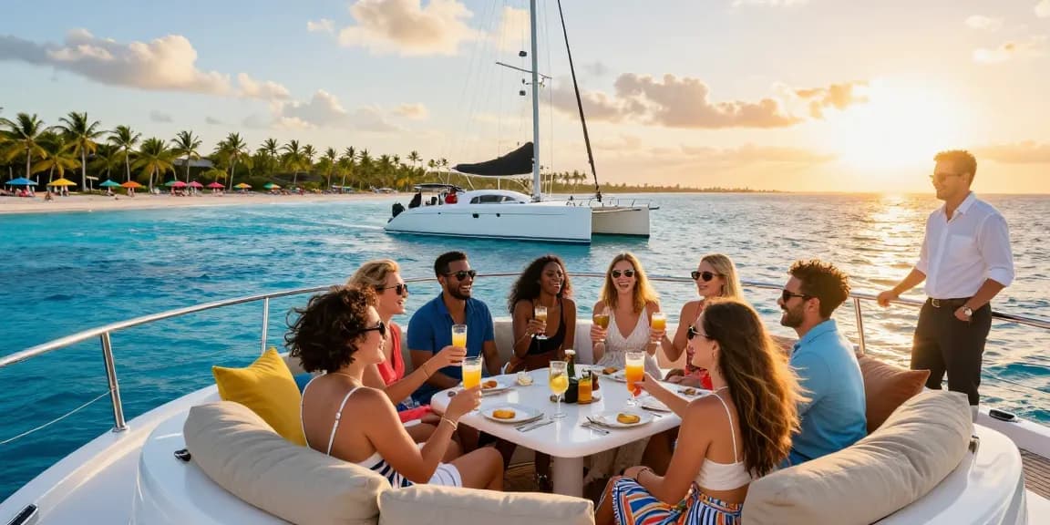 Punta Cana yacht rental scene with friends celebrating on a luxurious yacht against a vibrant ocean backdrop, capturing joy and luxury.