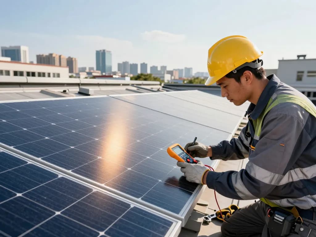 Bifacial solar panels installation scene showcasing a technician measuring output to determine módulos bifaciales – cuándo convienen for optimal energy production.