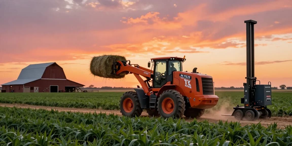 Best farm loader in Texas operating in vibrant agricultural scene at sunset, showcasing advanced electric telescopic loader.