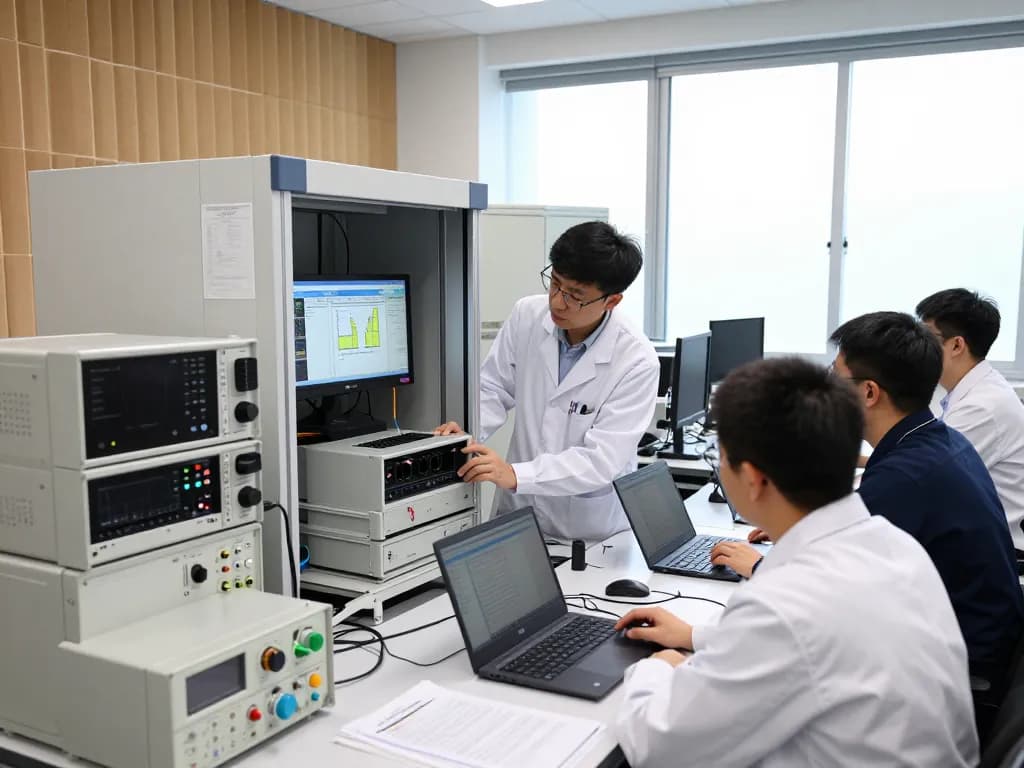 Engineers conducting EMC testing for FCC certification in a modern lab.