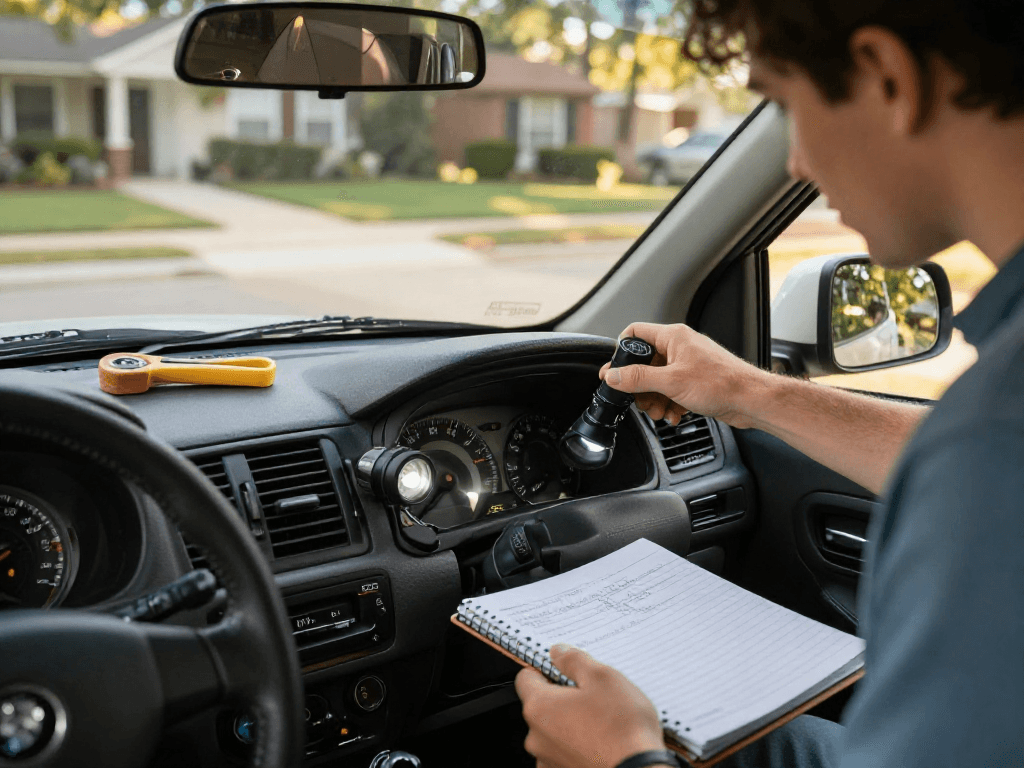 Inspecting vehicle's VIN with carfax vin finder from dashboard, warm suburban atmosphere.