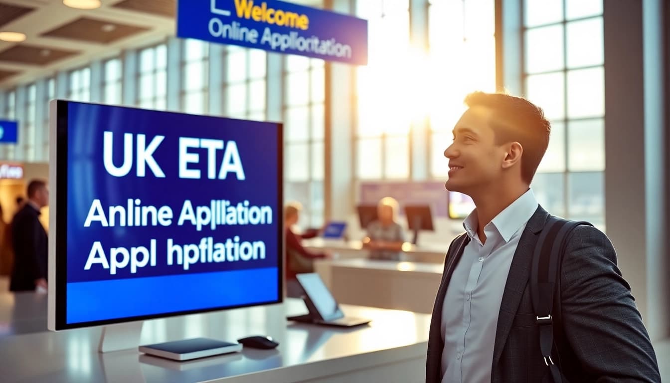 Efficient process for the uk eta online application at a modern airport counter.