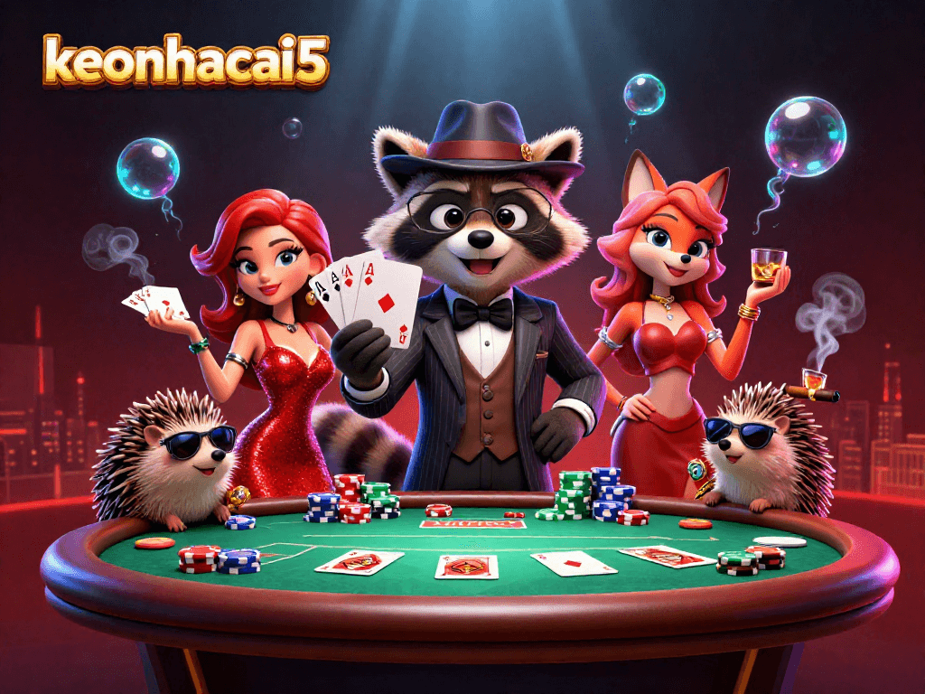 Experience keonhacai5 excitement with cartoon characters at a vibrant poker table.