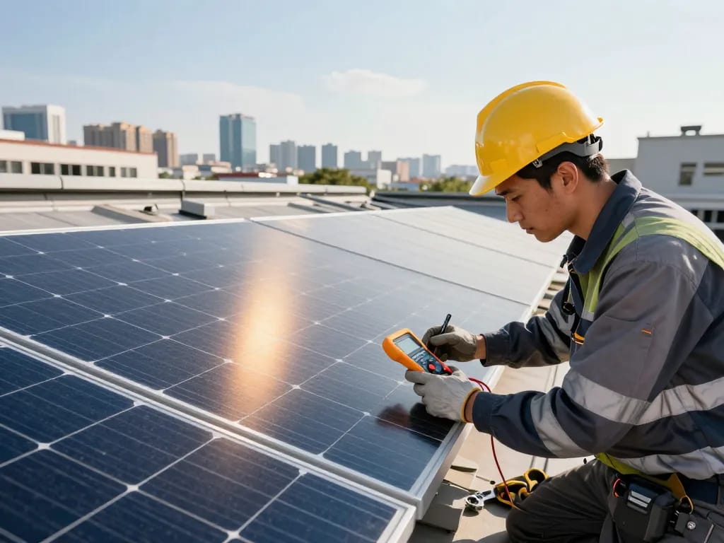 Bifacial solar panels installation scene showcasing a technician measuring output to determine módulos bifaciales – cuándo convienen for optimal energy production.