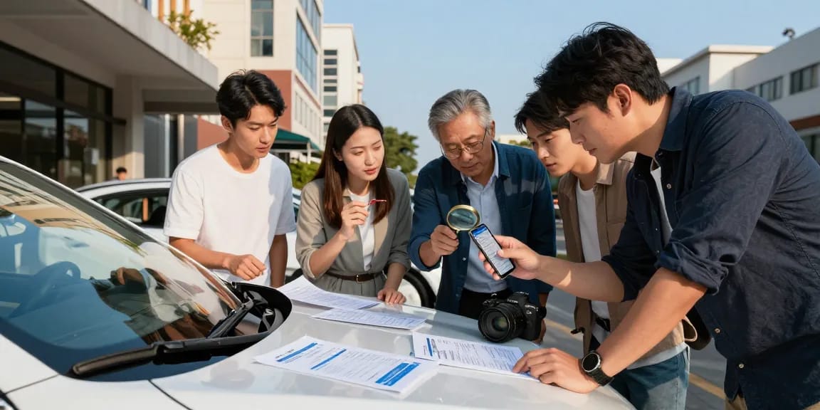 Group discussing a car history report, showcasing an HPI check alternative in a vibrant urban setting.