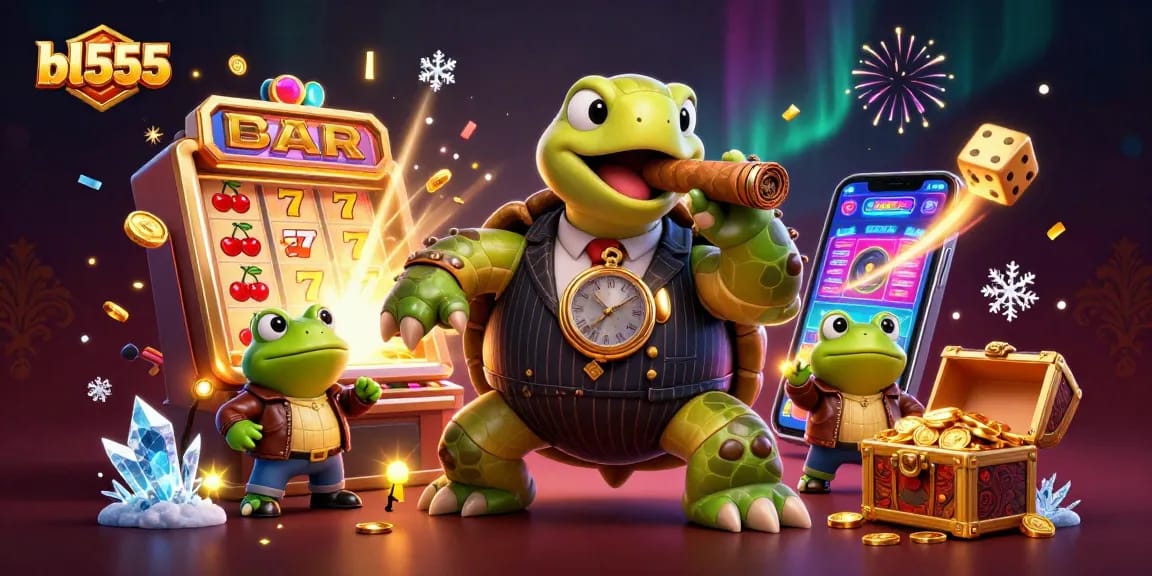 Experience explosive wins at bl555 with a vibrant 3D illustration featuring a mobster turtle and casino elements.