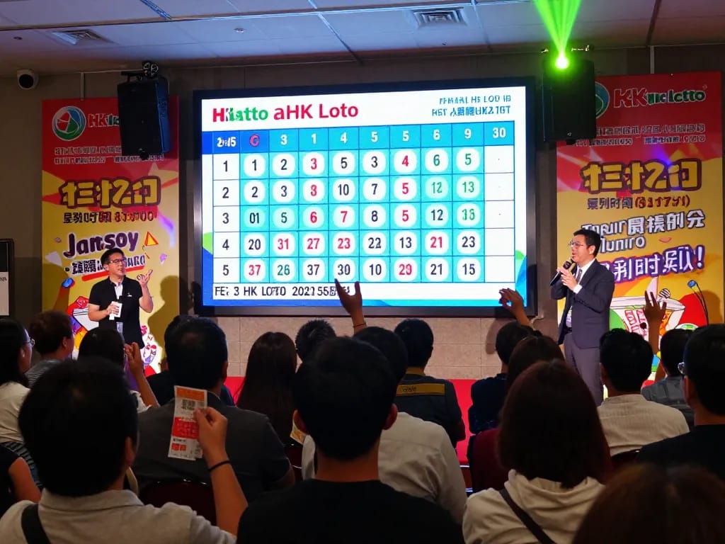 Kerumunan yang bersemangat di acara undian HK Lotto langsung, dengan hasil digital ditampilkan dan lampu berwarna-warni.