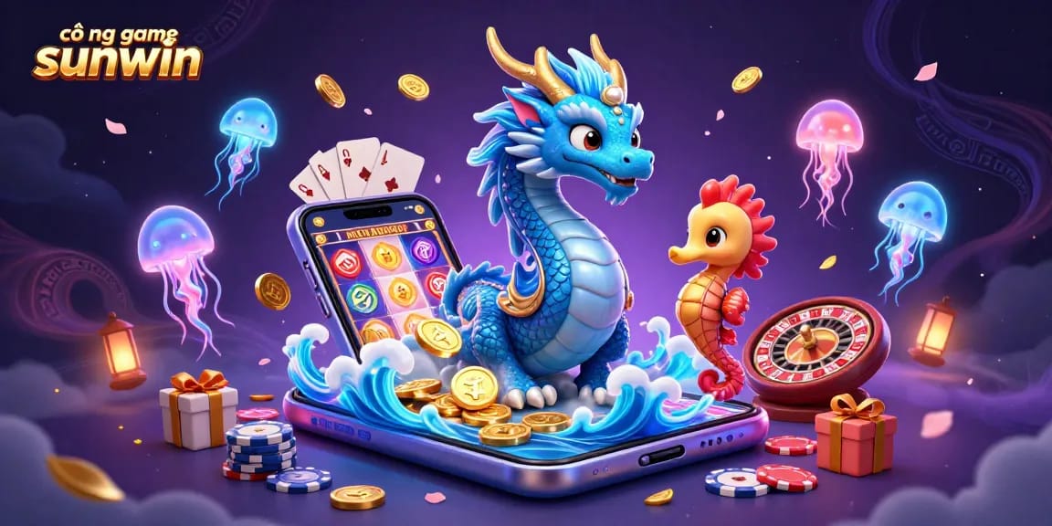 Engage with cổng game sunwin featuring a vibrant 3D dragon, seahorse knight, and neon jellyfish in a dynamic casino scene.
