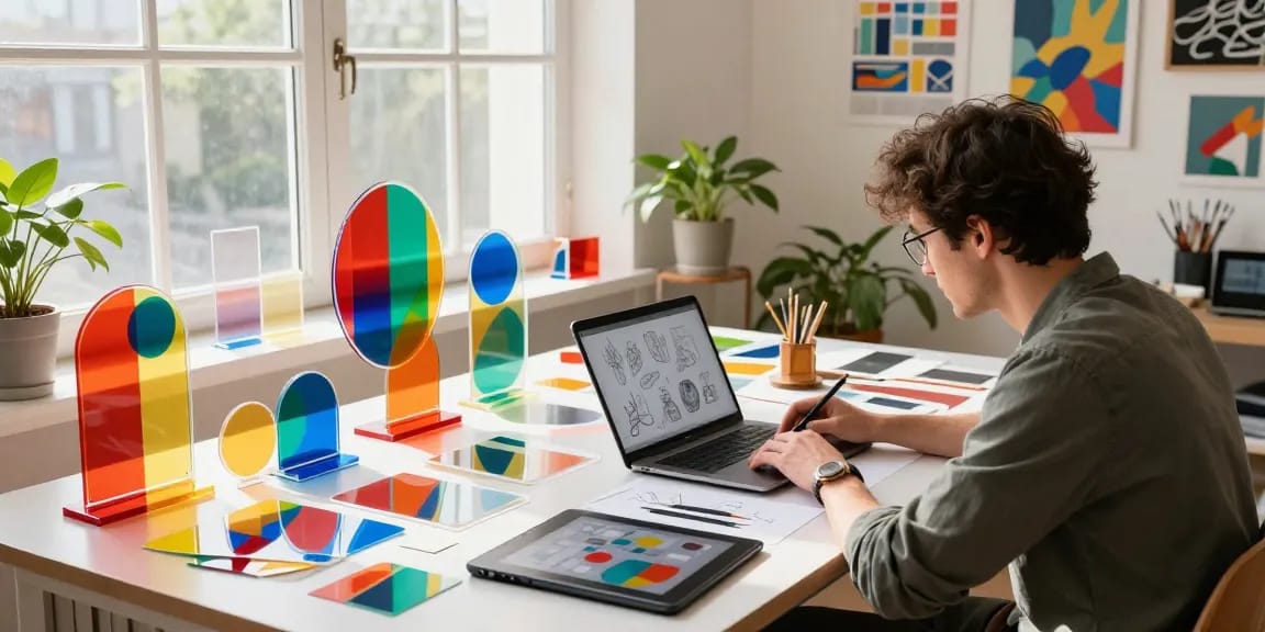 Vibrant workspace with colorful custom acrylic stands showcasing creative design process
