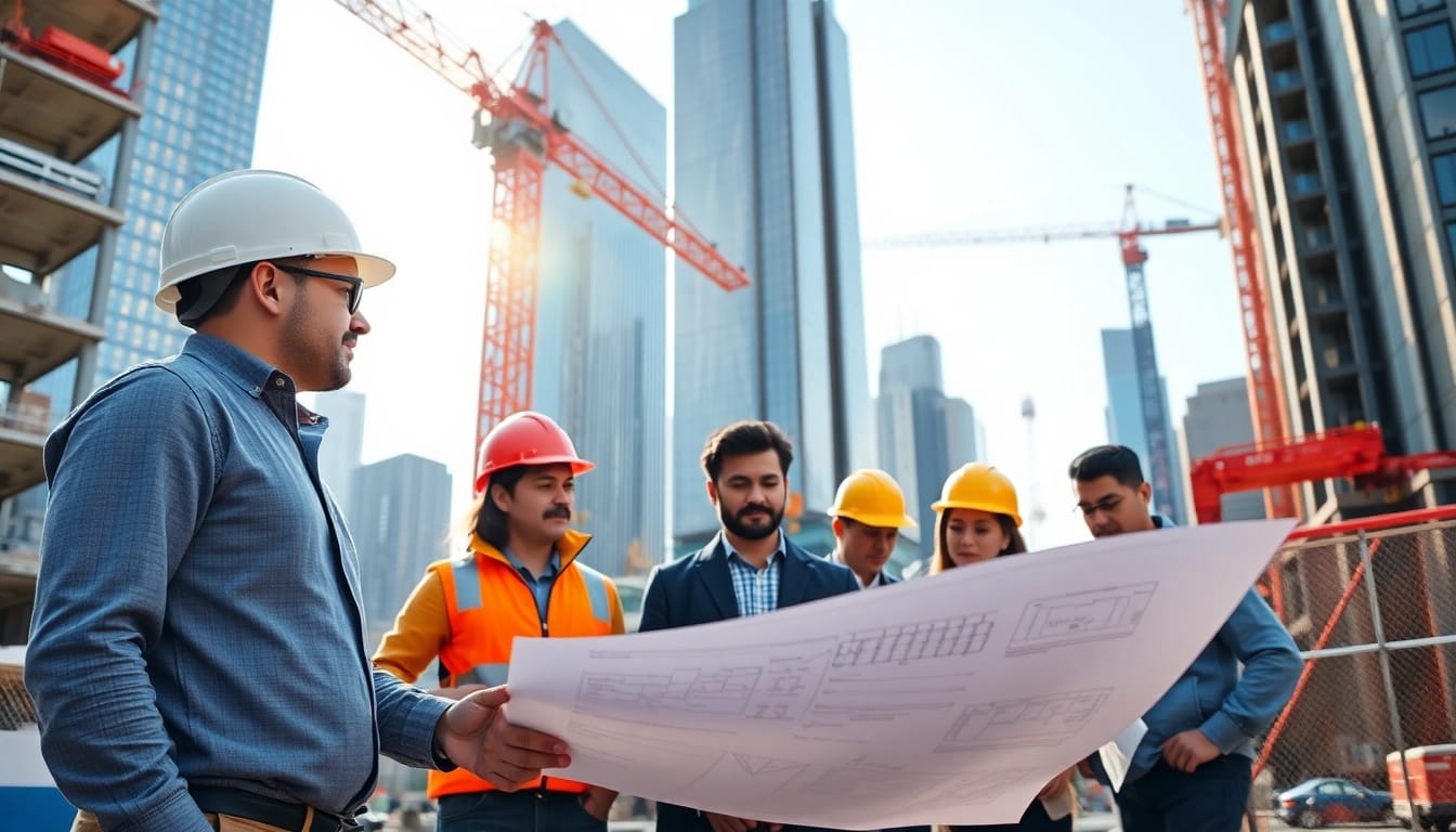 New York City Construction Manager guiding a team on-site in a bustling urban environment.