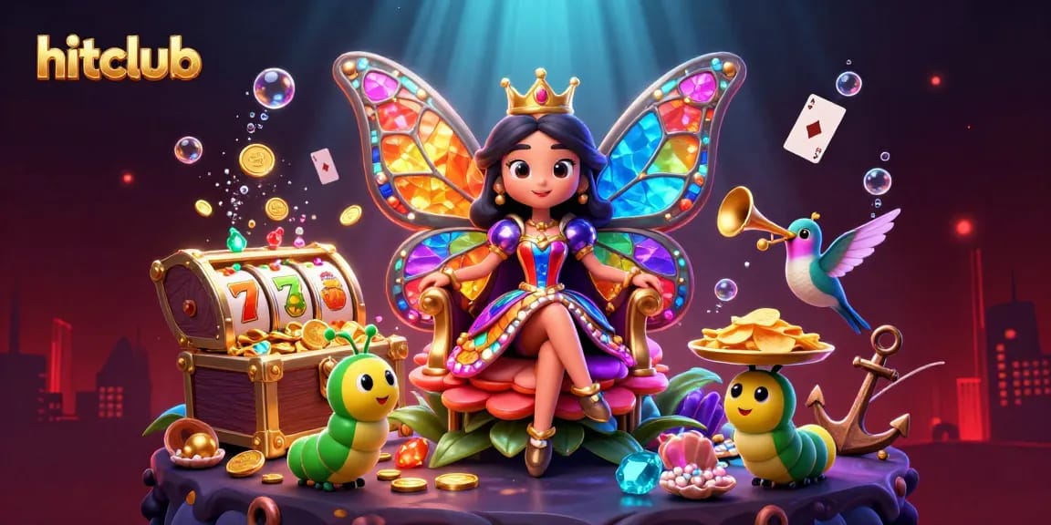 Hitclub's 3D animated butterfly queen presides over a vibrant casino scene with slot reels and treasures.