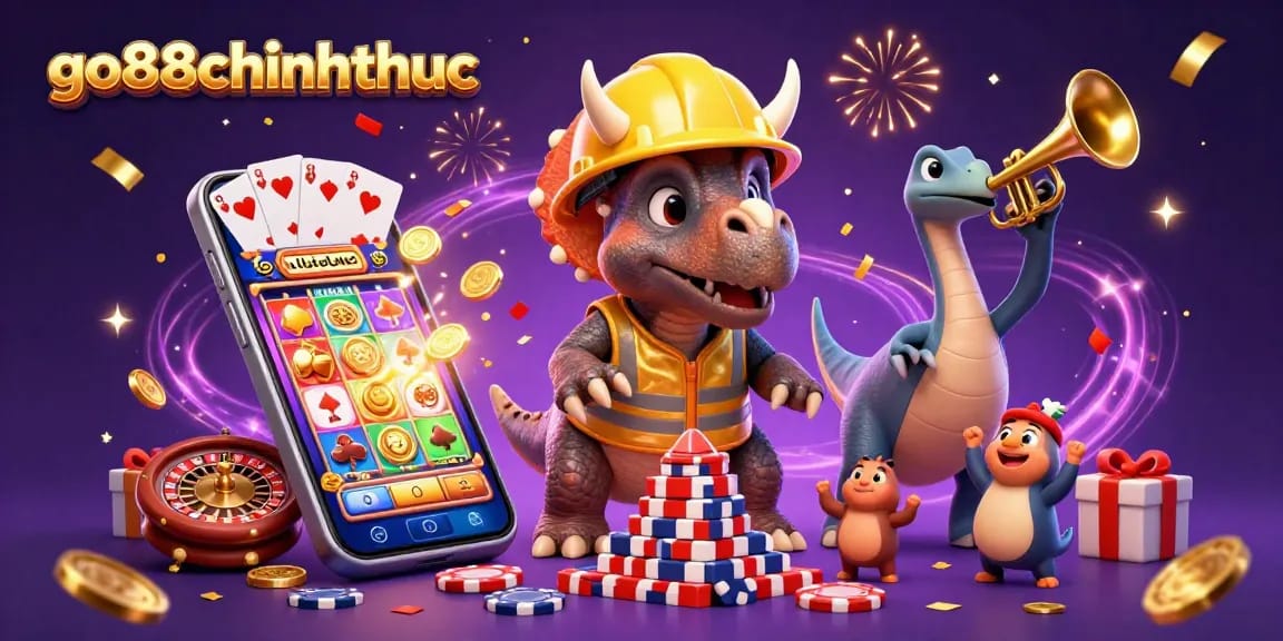 Celebrate with go88chinhthuc as ancient dinosaurs build poker chip pyramids in a vibrant casino scene.