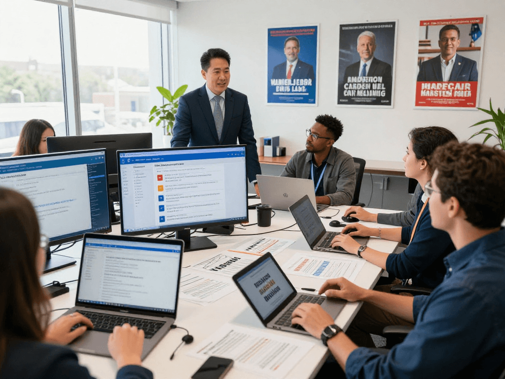 Engaged political strategist collaborating on independent candidate marketing in dynamic office.