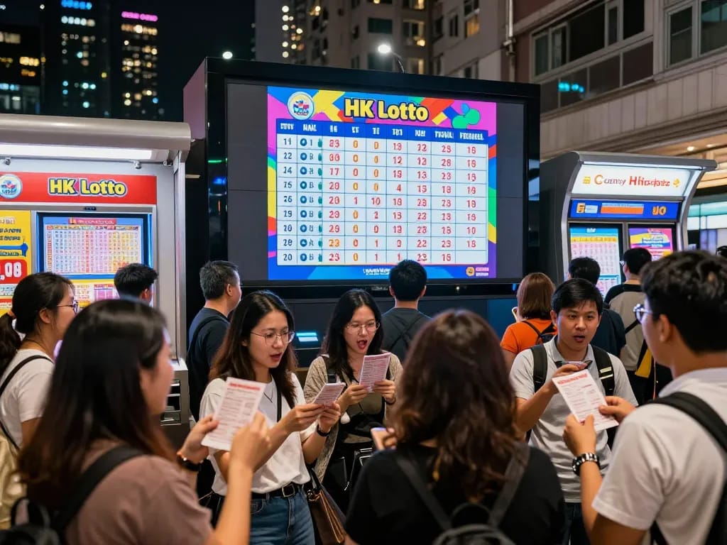 Hasil HK Lotto ditampilkan di layar digital, pemain yang bersemangat memeriksa tiket di lingkungan perkotaan yang hidup.