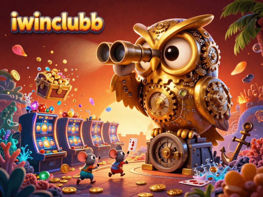 Spin and win at iwinclubb with a vibrant casino scene featuring a clockwork owl and dynamic treasures.