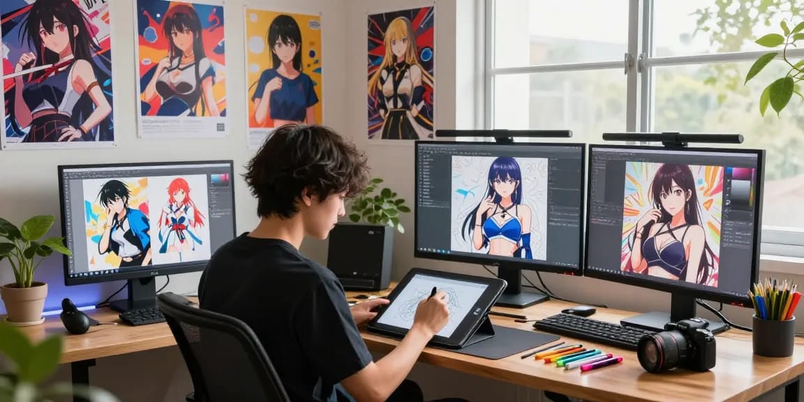 Creating stunning ai ecchi artwork in a vibrant digital studio