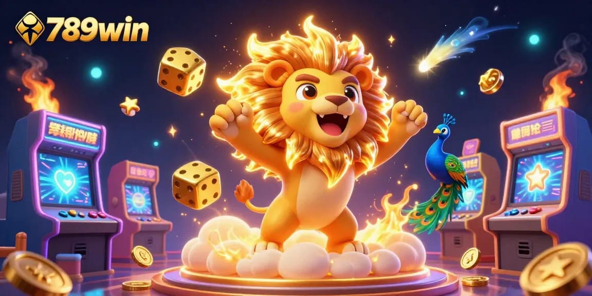 Engage with thrilling games at 789win's vibrant 3D casino illustration featuring a cartoon lion, dice, and gaming elements.