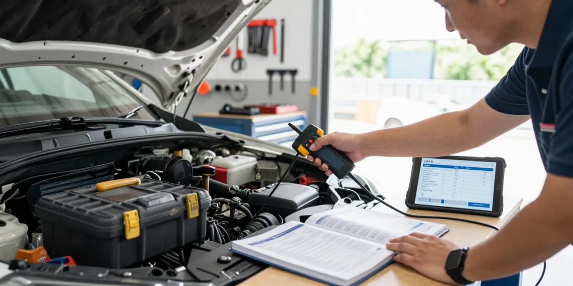 Inspecting a vehicle's engine with a diagnostic tool, highlighting VIN history report insights.