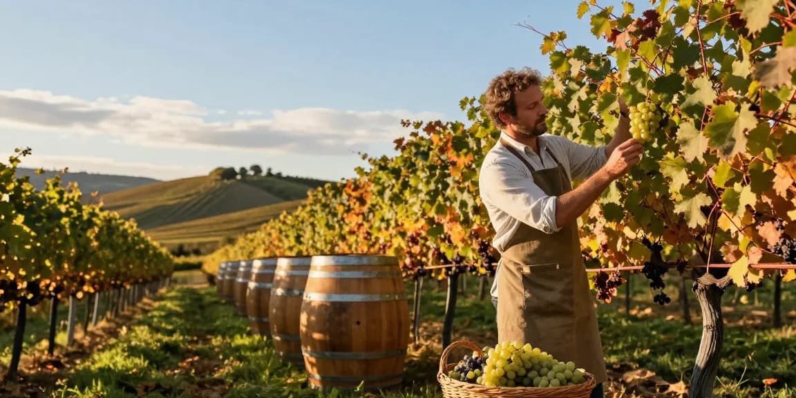 Chattoowines expert inspecting grapes under warm sunset light in vineyard