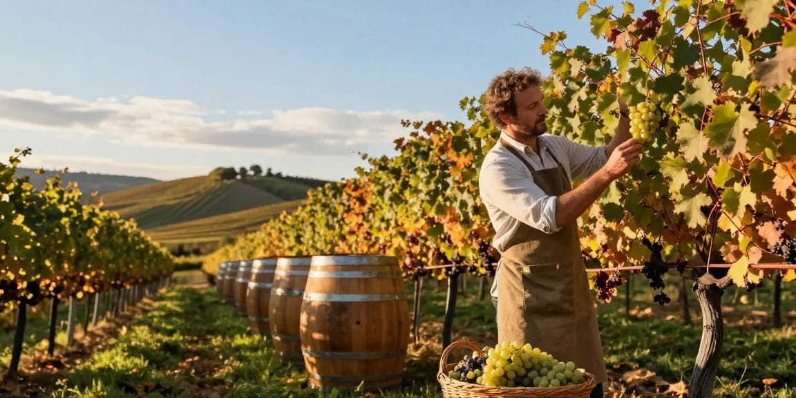 Chattoowines expert inspecting grapes under warm sunset light in vineyard