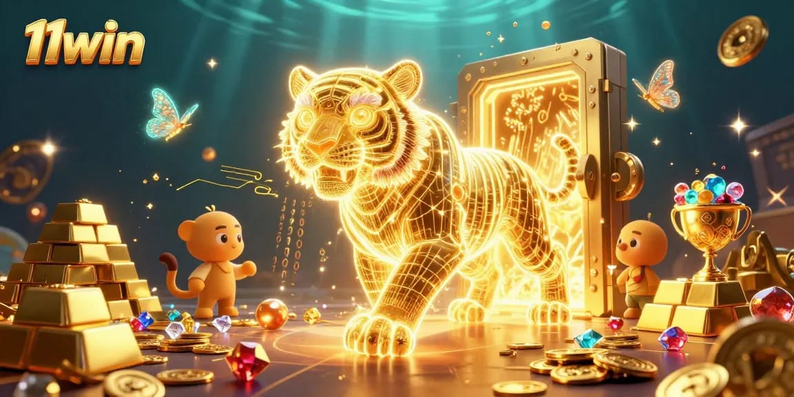 Experience the vibrant energy of 11win in this dynamic casino illustration featuring golden treasures and a glowing tiger.