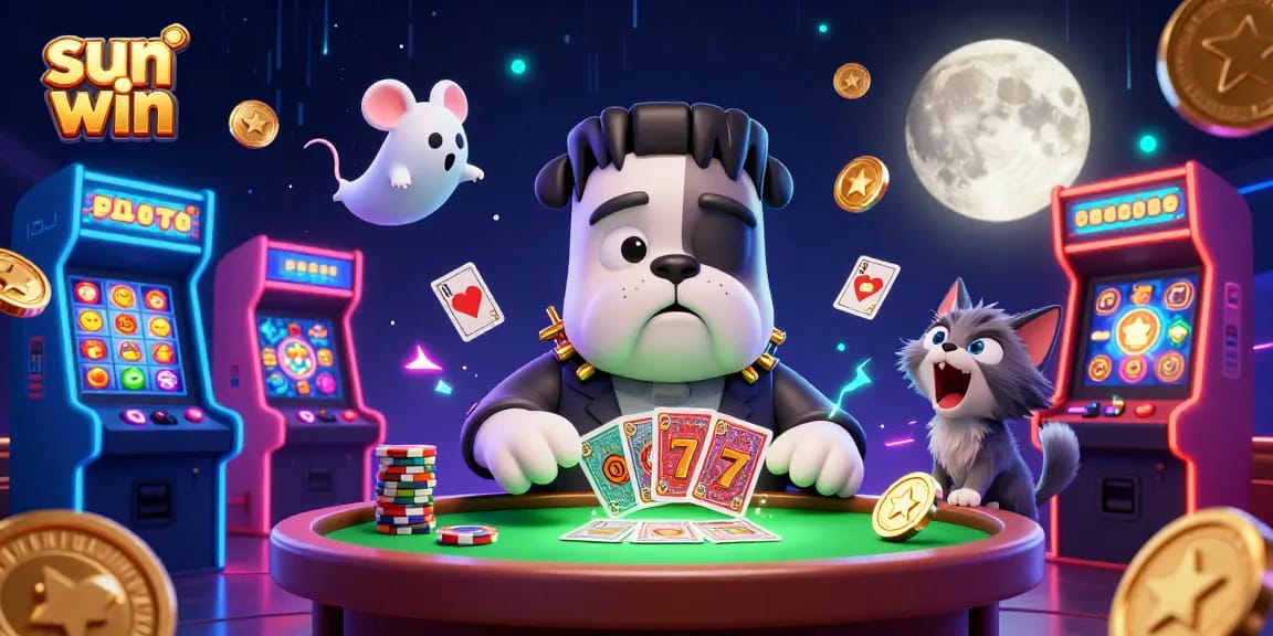 Experience exciting gameplay at sun win with a vibrant 3D casino illustration of cartoon characters.