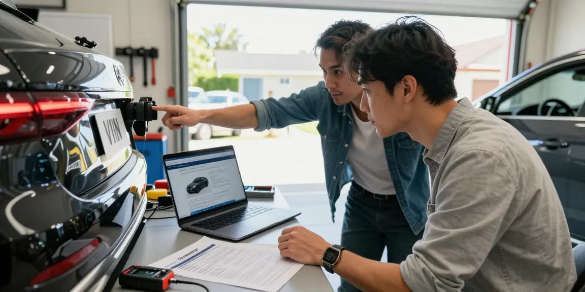 HPI check alternative emphasized as car enthusiast inspects vehicle with history report and tools in an inviting garage.