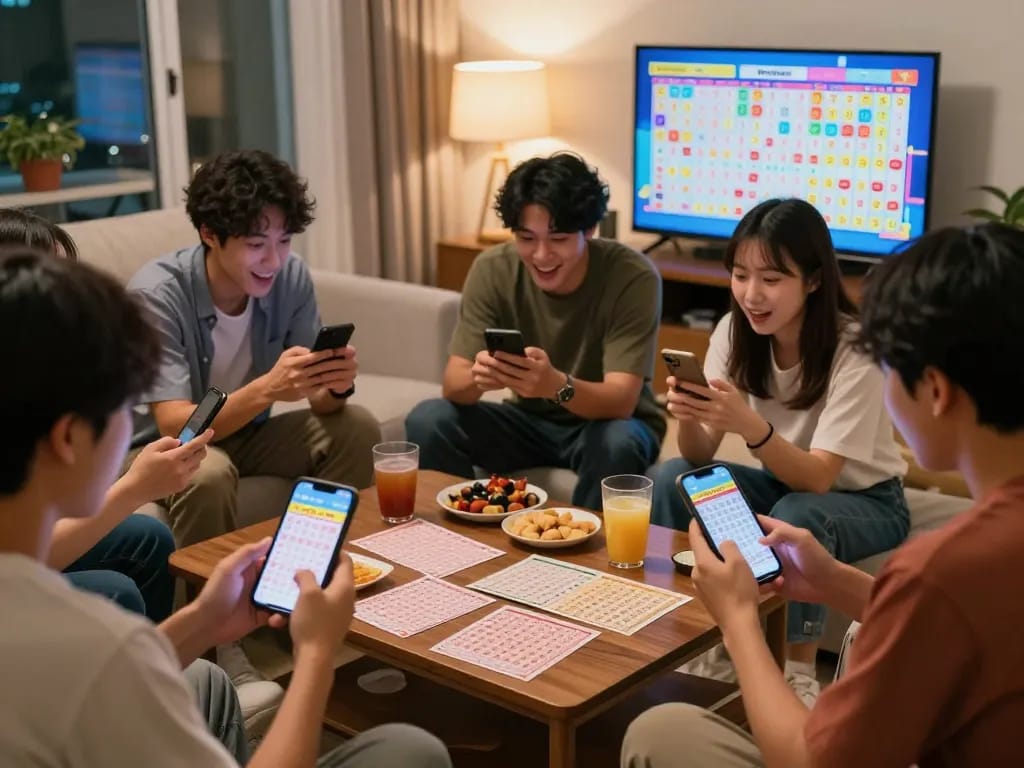 Pemain yang antusias memeriksa hasil HK Lotto di smartphone di ruang tamu yang cerah.