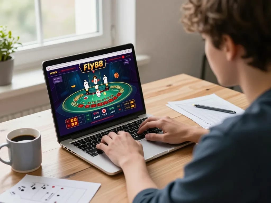 Engaging in online casino gaming on Fly88, showcasing live dealer action and strategy notes.
