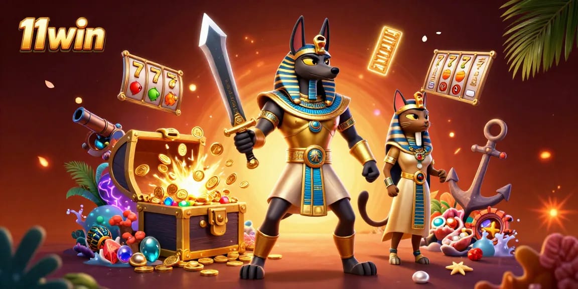 Experience thrilling gameplay with 11win in this vibrant casino illustration featuring Anubis and Bastet.