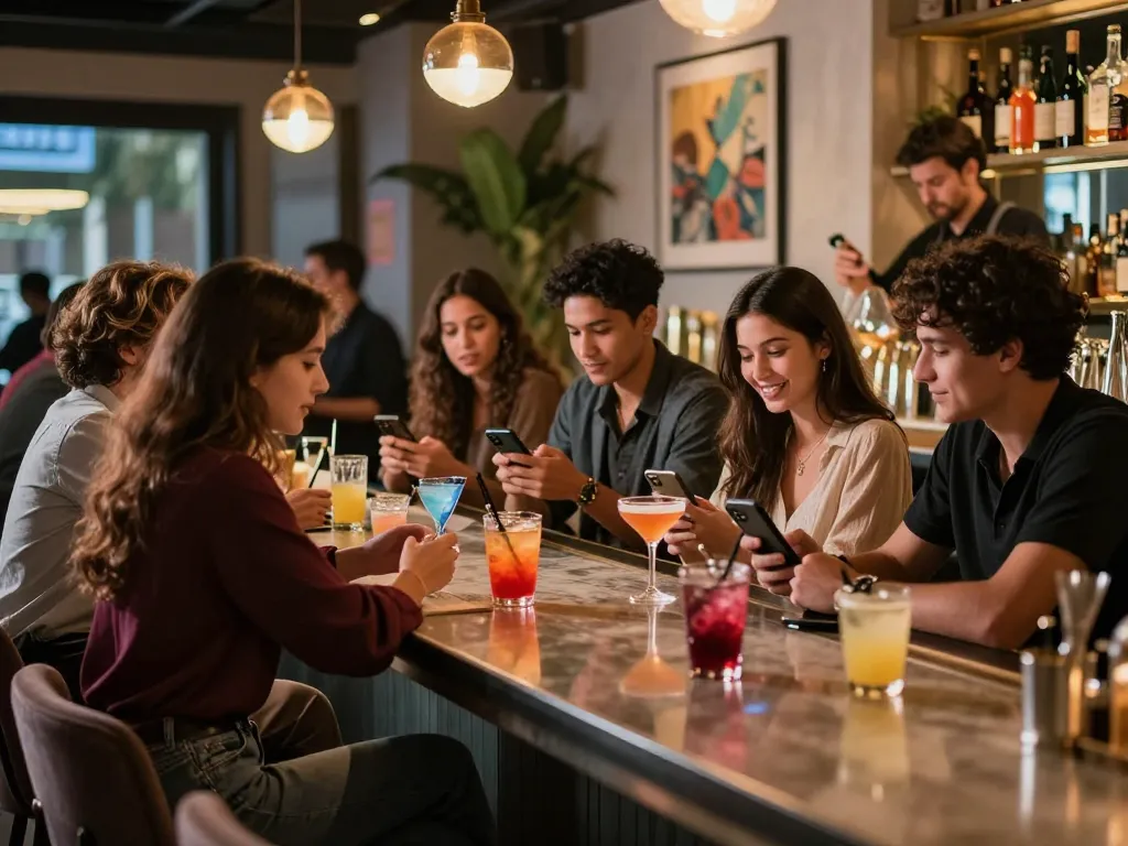 Friends sharing NSFW content in an urban nightlife bar, showcasing social connections.