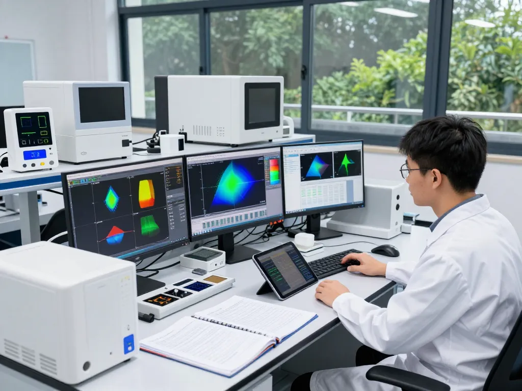 Researcher analyzing iperspettrale data in a modern lab environment with advanced sensors and imaging equipment.