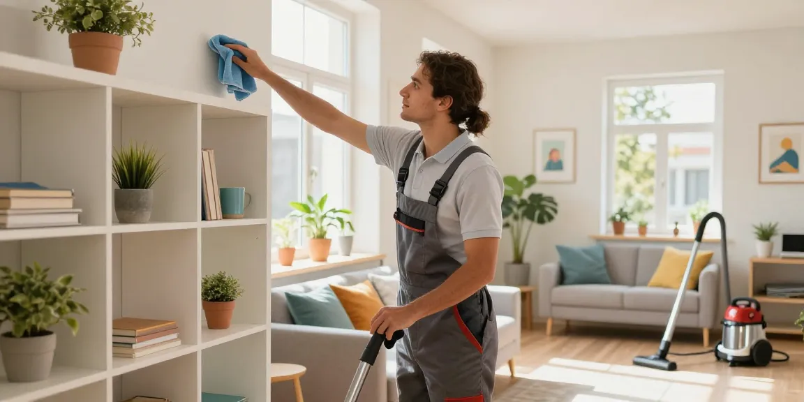 Professional cleaner in bright living room emphasizing wohnungsreinigung bern for a tidy atmosphere.