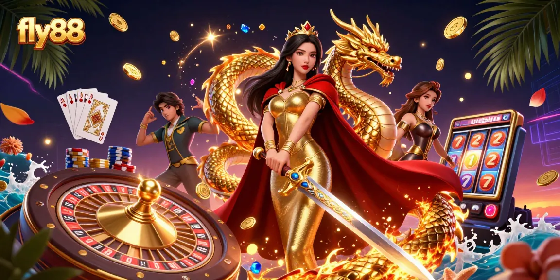 Experience thrilling gameplay with fly88, featuring a majestic queen and golden treasures in a dynamic casino scene.