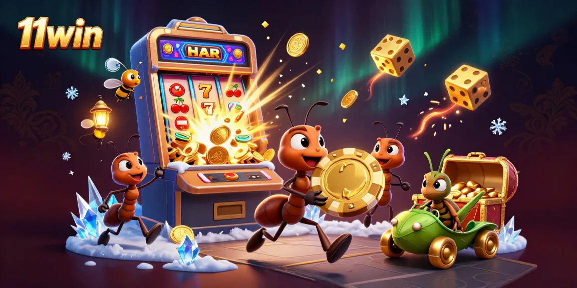 11win team of ants pulls off a heist with a giant poker chip amidst a jackpot explosion.