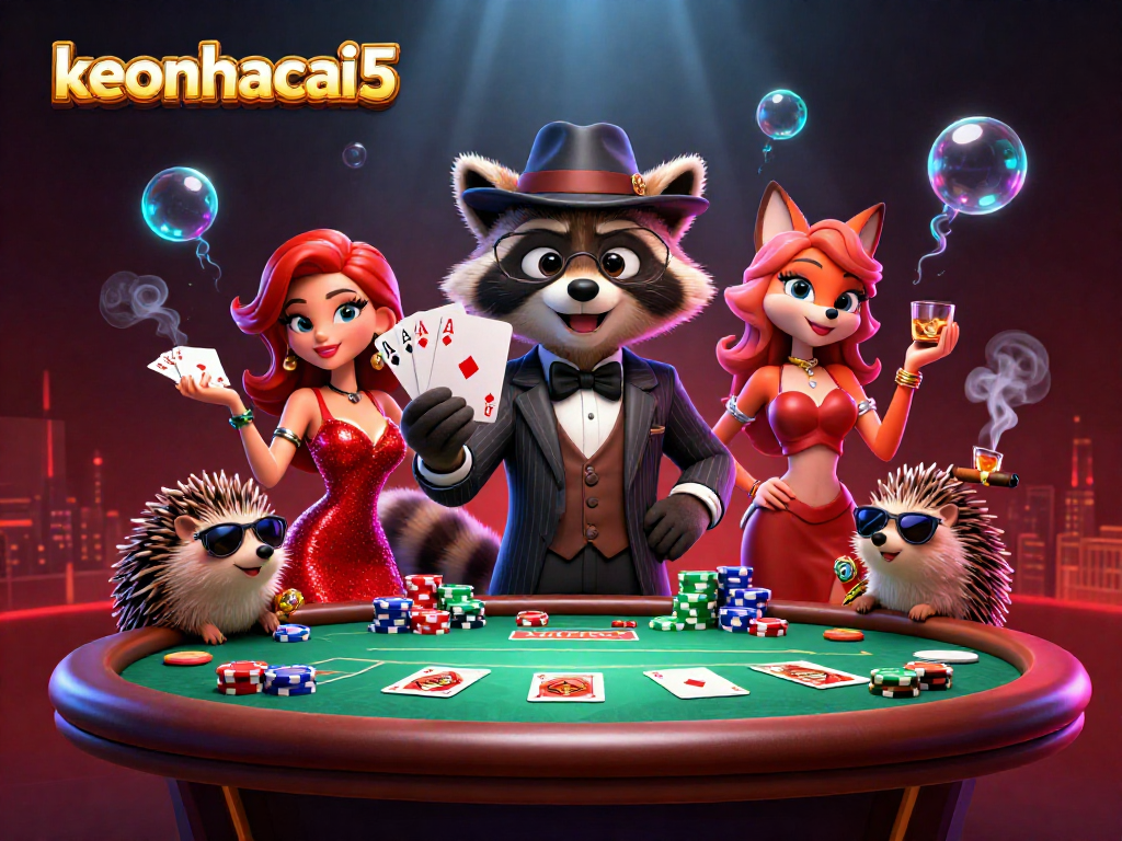Experience keonhacai5 excitement with cartoon characters at a vibrant poker table.