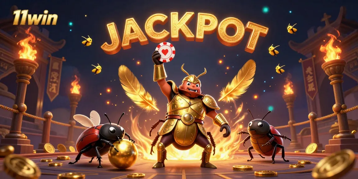 Engage with the thrilling atmosphere of 11win, where a hercules beetle celebrates victory in a vibrant casino scene.
