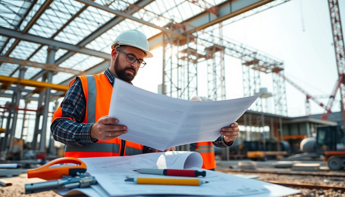 Boost your construction career by analyzing blueprints at a busy site with essential tools.