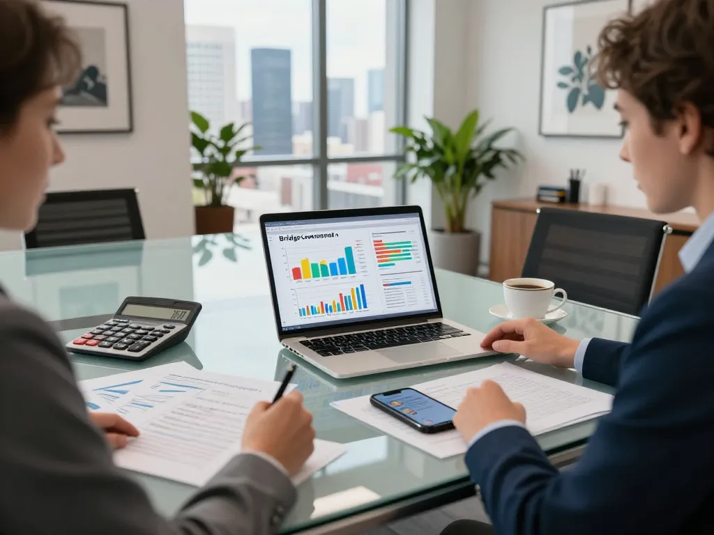 Consultant discussing bridge loan financing solutions in a modern office setting with financial charts and city view.