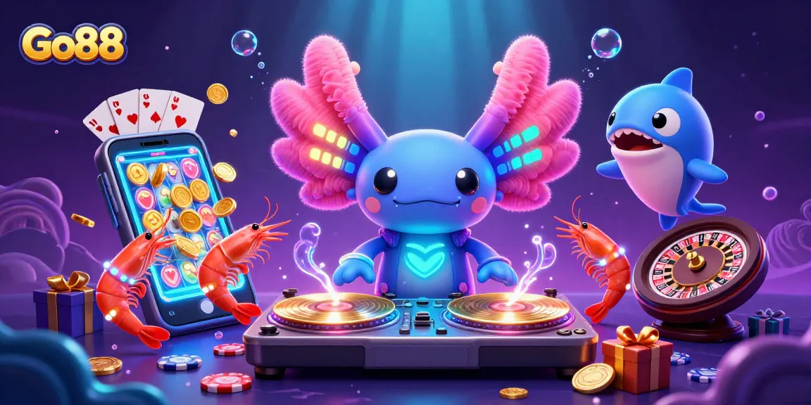 Engage with Go88 through vibrant underwater scenes of a neon axolotl DJ and interactive casino games.
