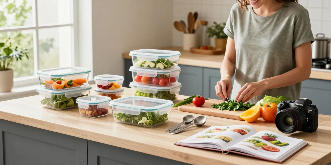 Colorful food storage containers organized in a bright kitchen for meal prep, promoting freshness and efficiency.
