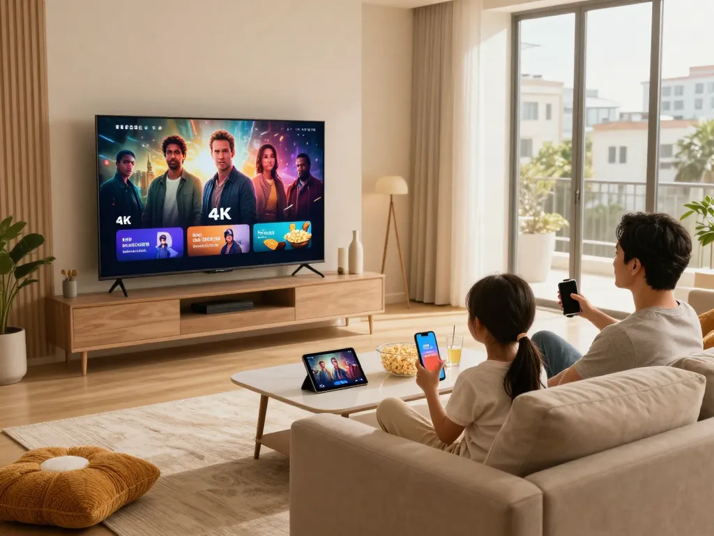 Family enjoying IPTV Smarters streaming in a cozy living room.