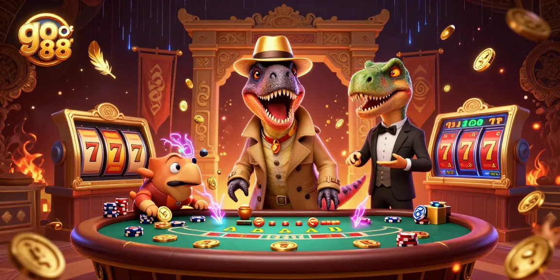 Go 88 casino illustration with a velociraptor in disguise at a blackjack table, rich in game elements.