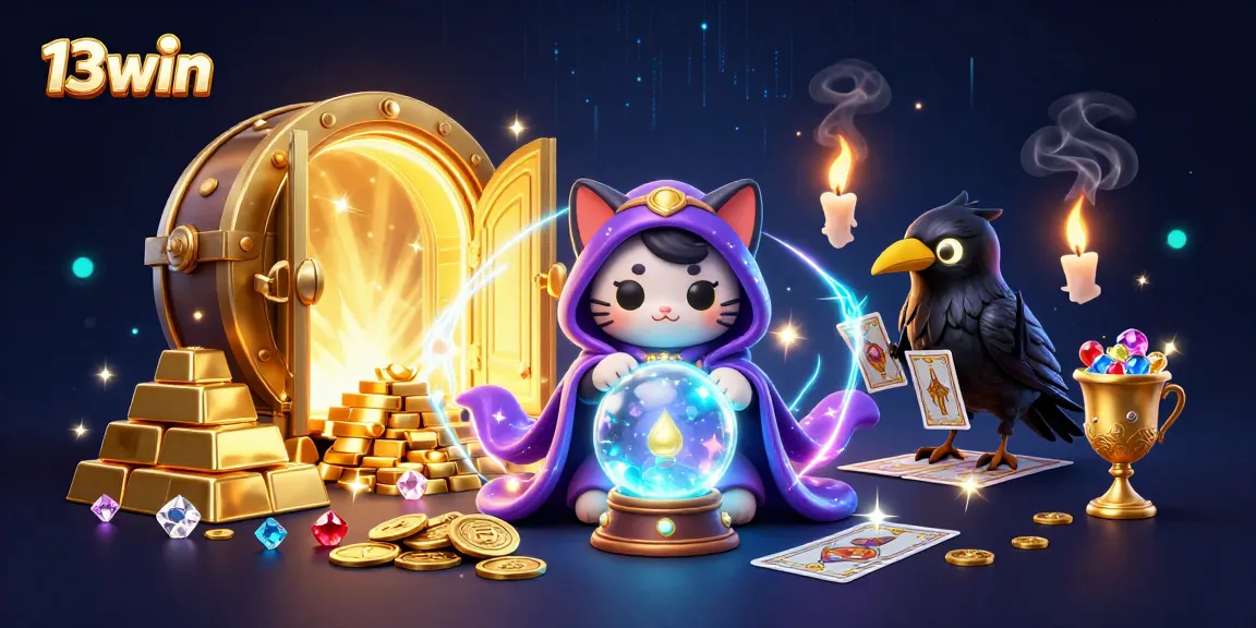 Win at 13win with vibrant, enchanting scenes featuring a mystic cat and treasures.