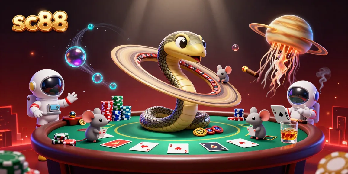 Engage with sc88's thrilling cosmic casino as astronaut mice bet on a celestial roulette scene.