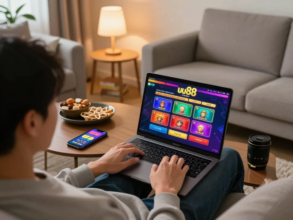 Engaging with uu88 online casino from a cozy home setup, showcasing a lively betting interface.