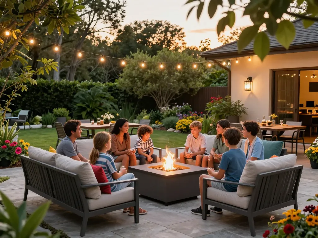 Outdoor living configurator scene of a family enjoying a cozy evening around a stylish fire pit in a lush garden.