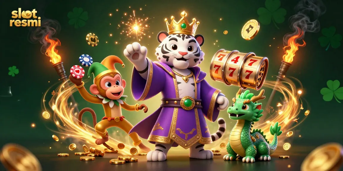 Experience slot resmi magic with a luxurious white tiger and lively monkey amidst dazzling casino elements.