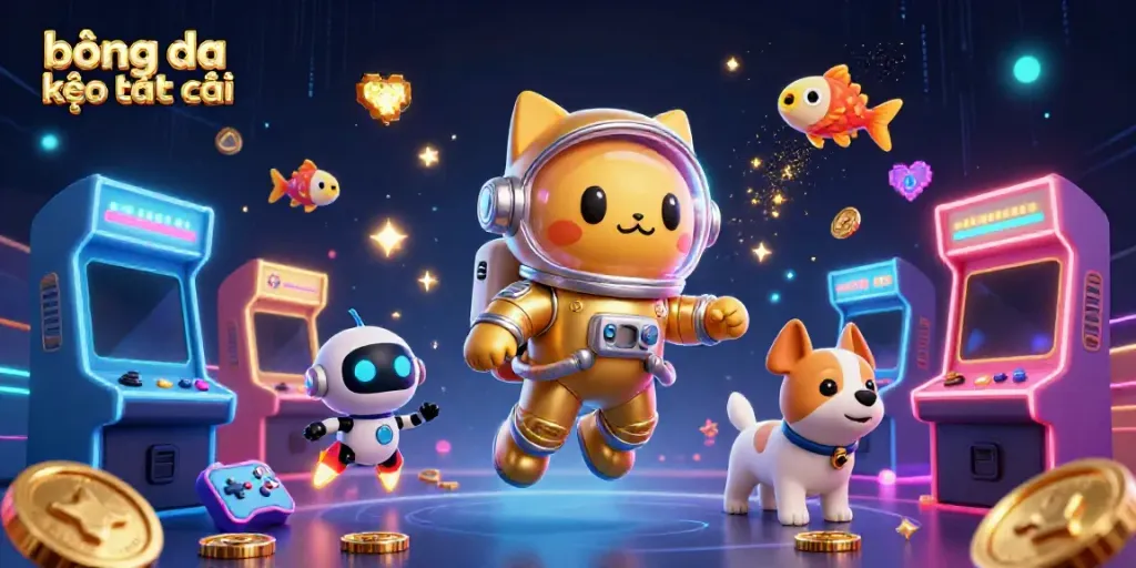 Bet and analyze with bóng đá kèo nhà cái featuring a golden astronaut cat, a robot dog, and dazzling game elements.