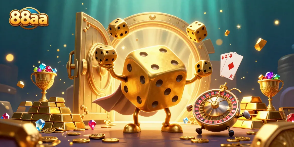 88aa players enjoying vibrant casino action with golden dice and treasures in a lively scene.